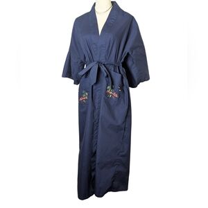 Vintage Japanese-Inspired Kimono Robe Navy Wrap Duster  Embroidered Pockets
